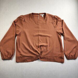 Nine West Copper V-neck Raglan Size XL Short Sleeve Top Bottom Center Knot Fancy